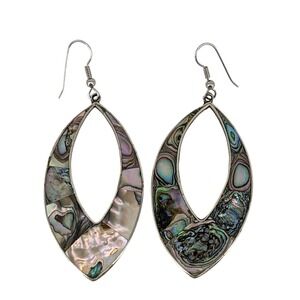 Vintage Alpaca Mexico Abalone Shell Inlay Teardrop Dangle Earrings Silver Tone
